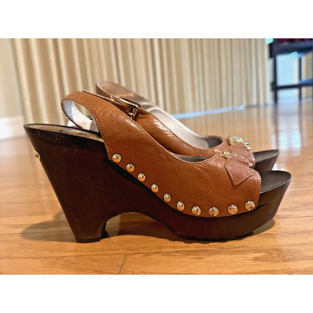 Michael Kors Brown Leather Wedge Slingback Heels Studded Logo Open Toe Sz 8